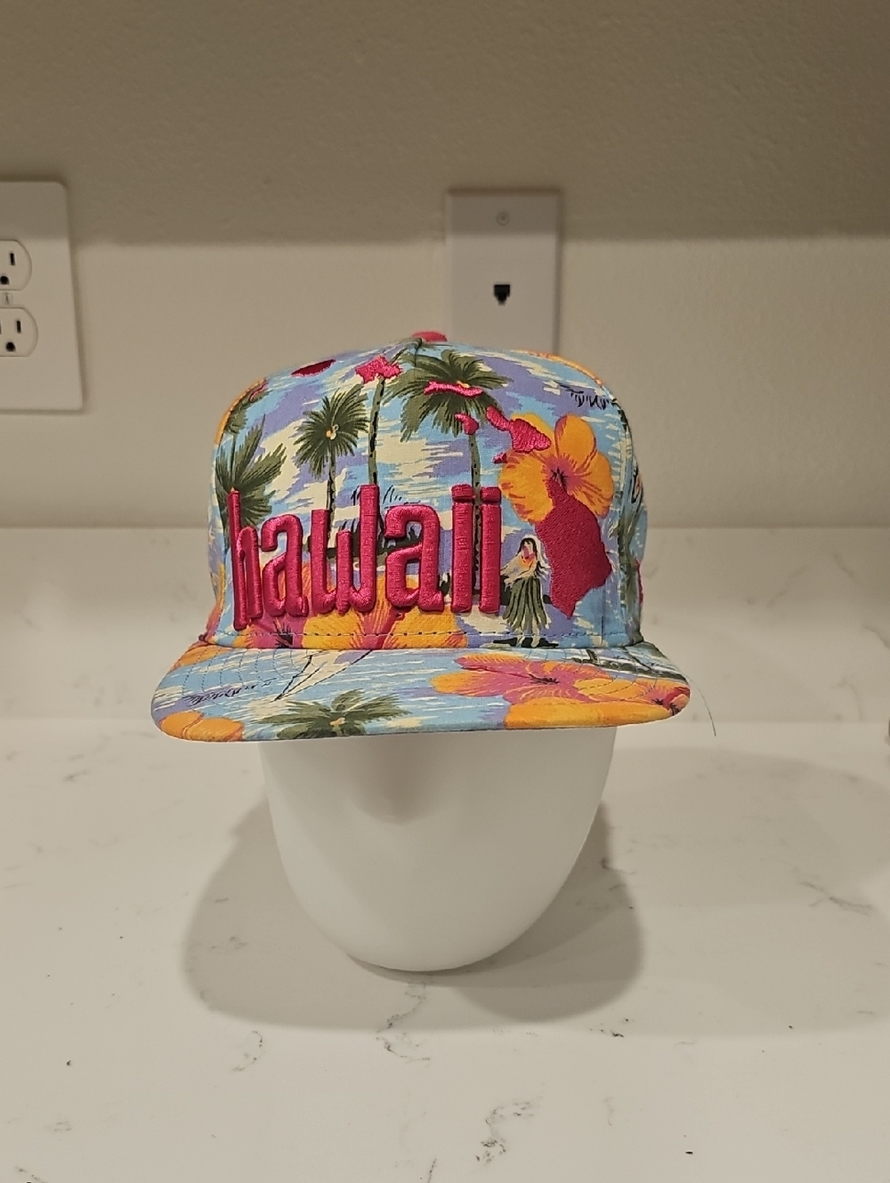 New Era Tropical Hawaii Snapback Hat in Light Blue with Pink Embroidery